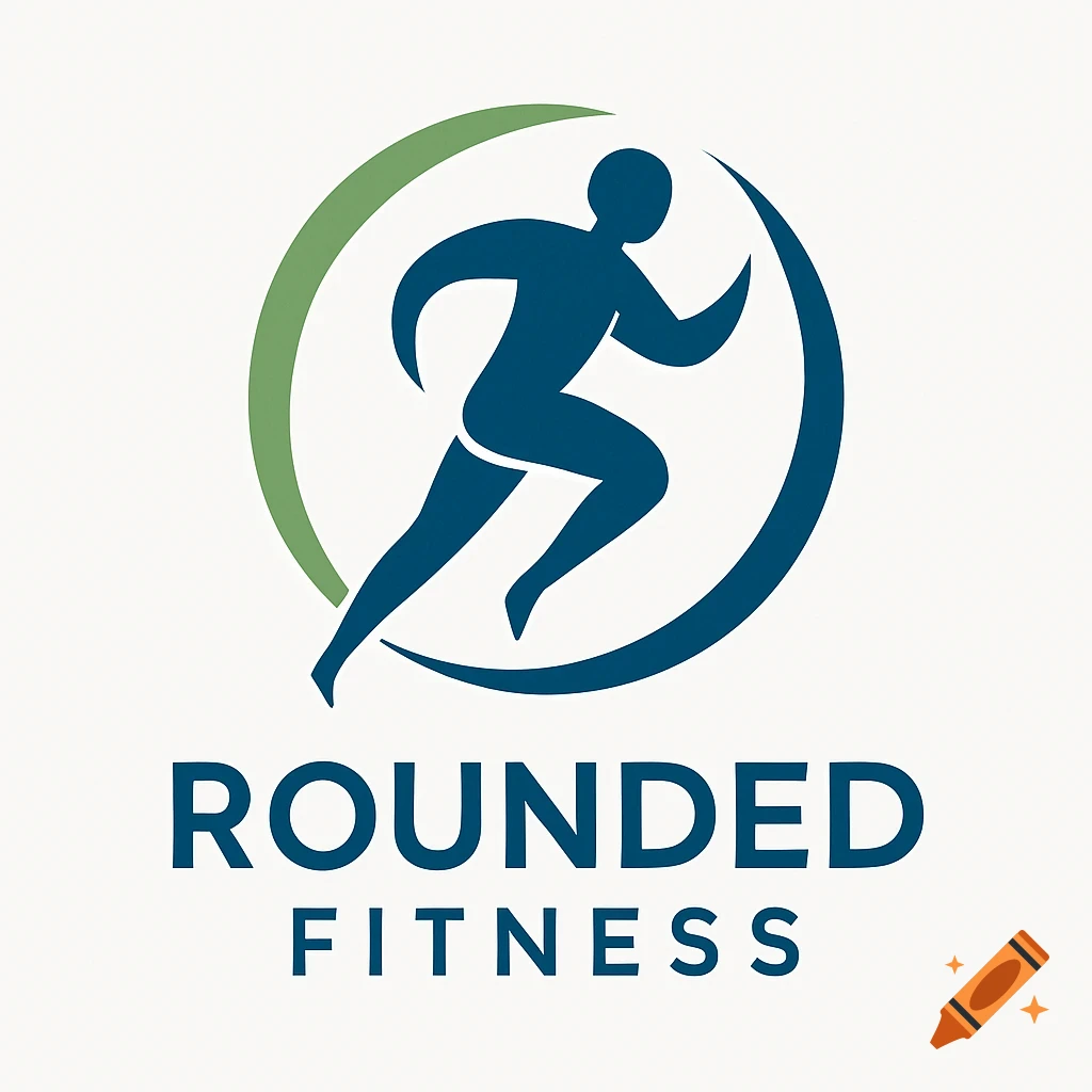 Logo for Rounded Fitness featuring a blue runner silhouette in a green and blue circle on a white background.