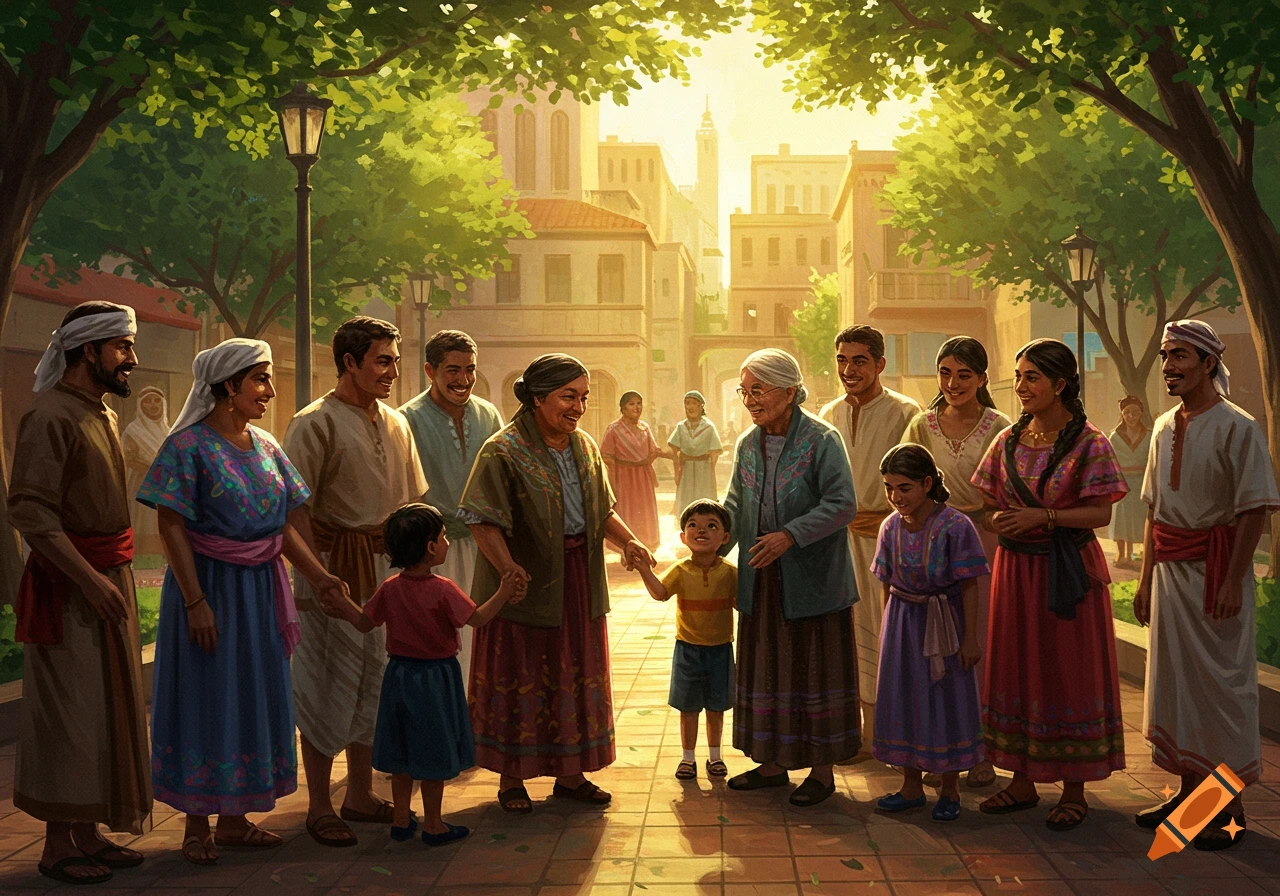 A diverse group of smiling people in traditional clothing, including children, gathered on a sunlit street with buildings and trees.