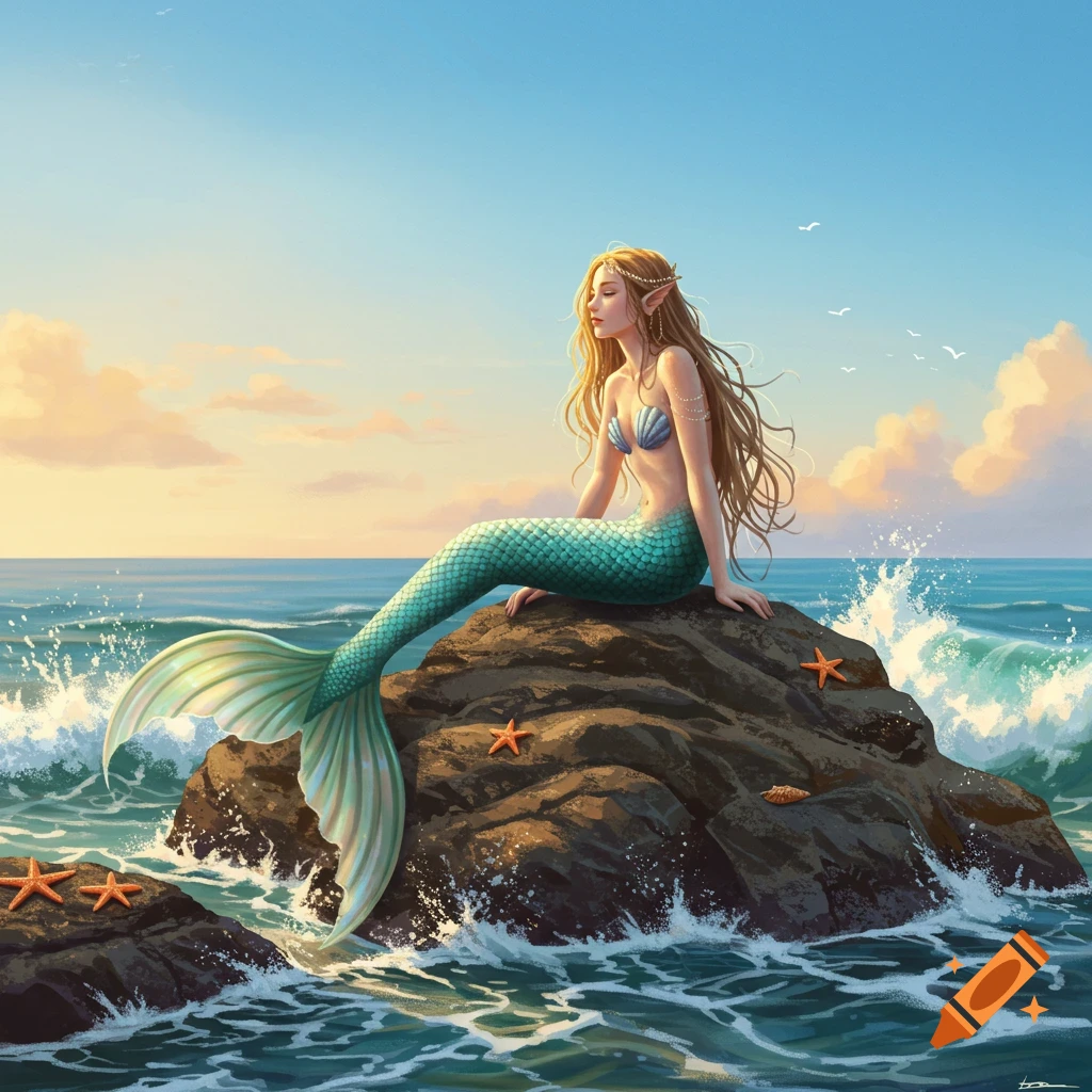 A beautiful mermaid with long blonde hair and a teal tail sits on a rock in the ocean at sunset.