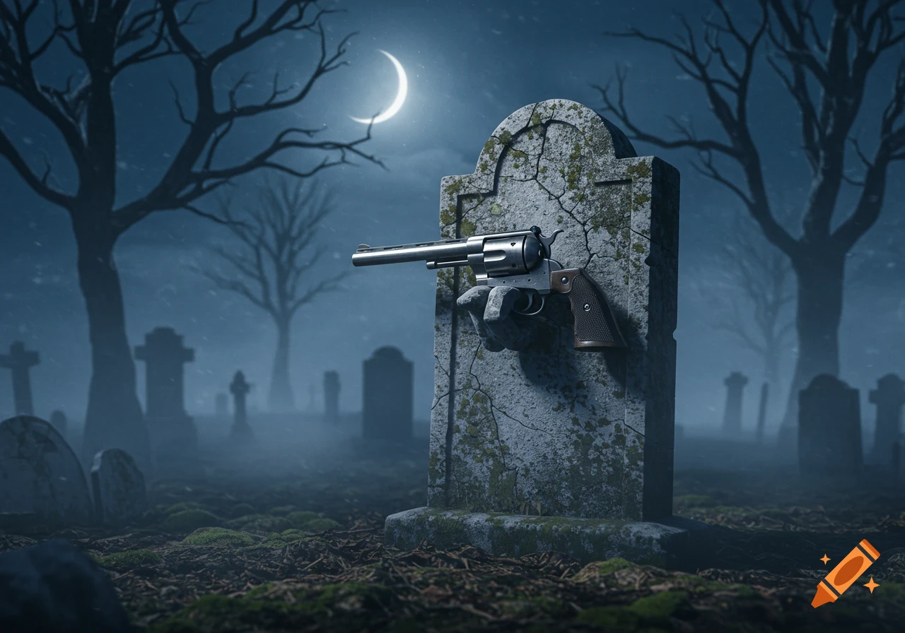 A grey hand emerges from a mossy tombstone, holding a silver revolver, in a misty, moonlit cemetery at night.