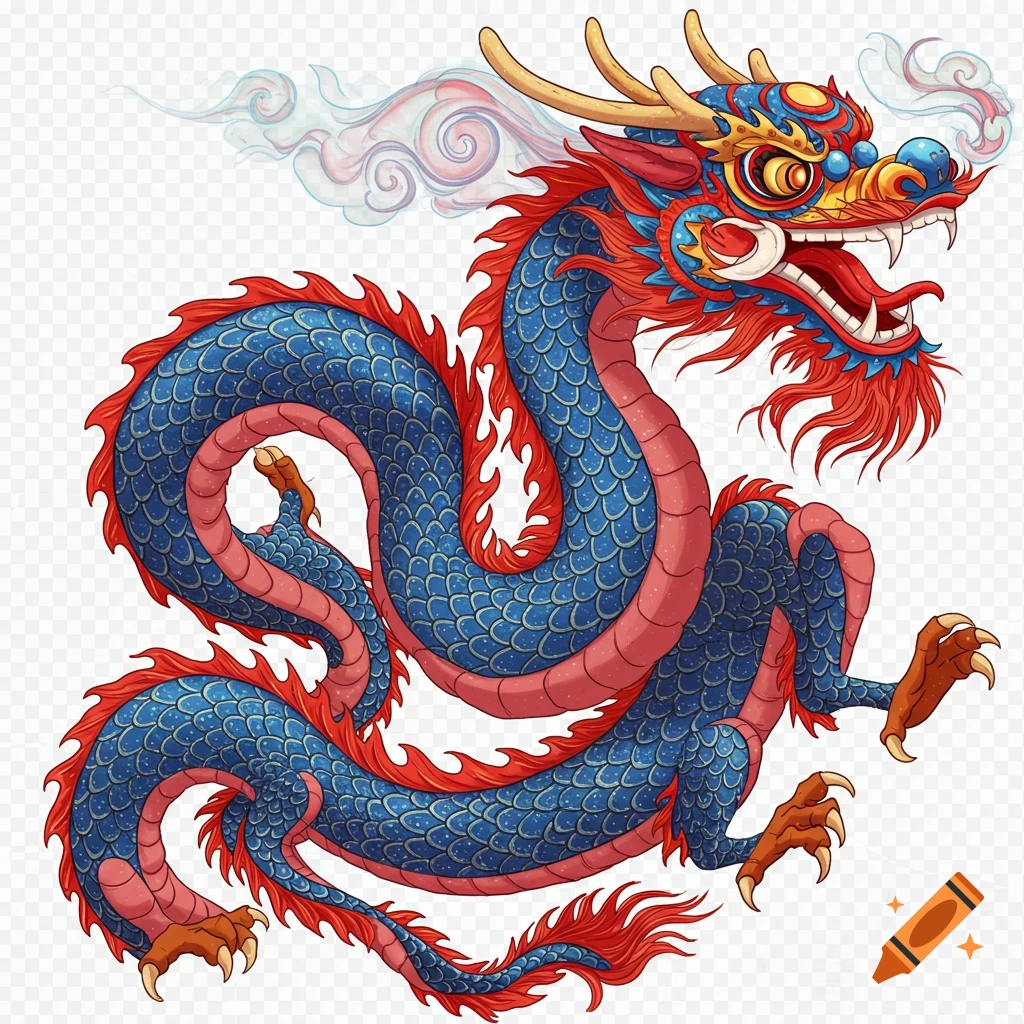 A vibrant blue and red Chinese dragon with golden horns and accents, depicted in a stylized illustration, against a transparent background.