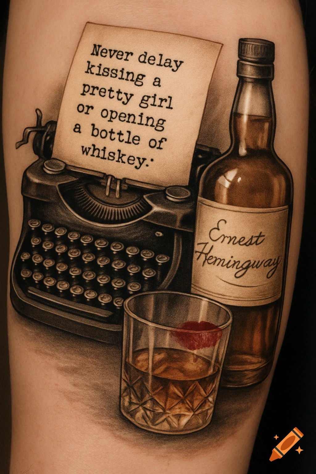 A detailed tattoo featuring an old typewriter with a paper showing a Hemingway quote, a whiskey bottle, and a glass with a lipstick mark.