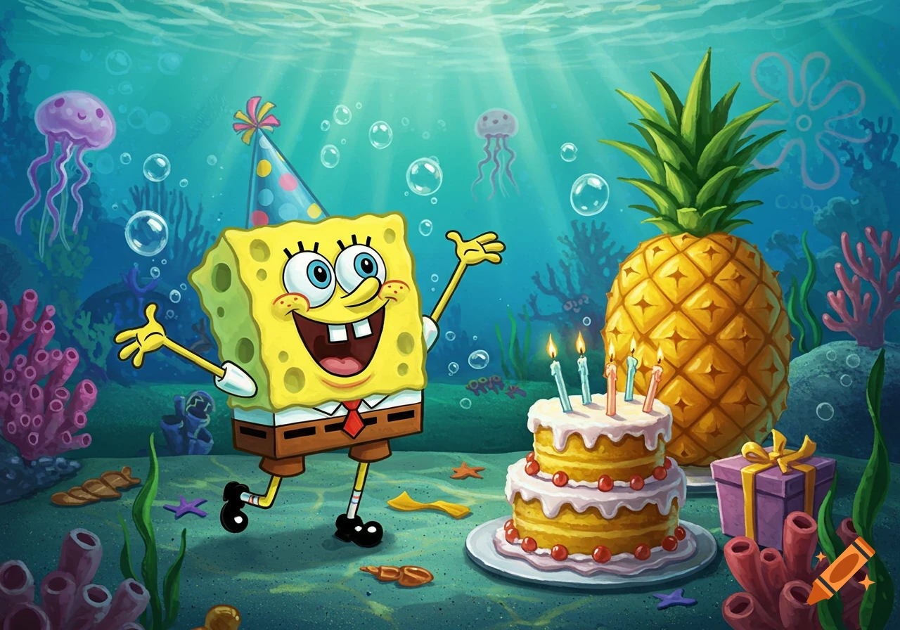 Spongebob Squarepants in a party hat celebrating a birthday with a cake and a giant pineapple underwater.