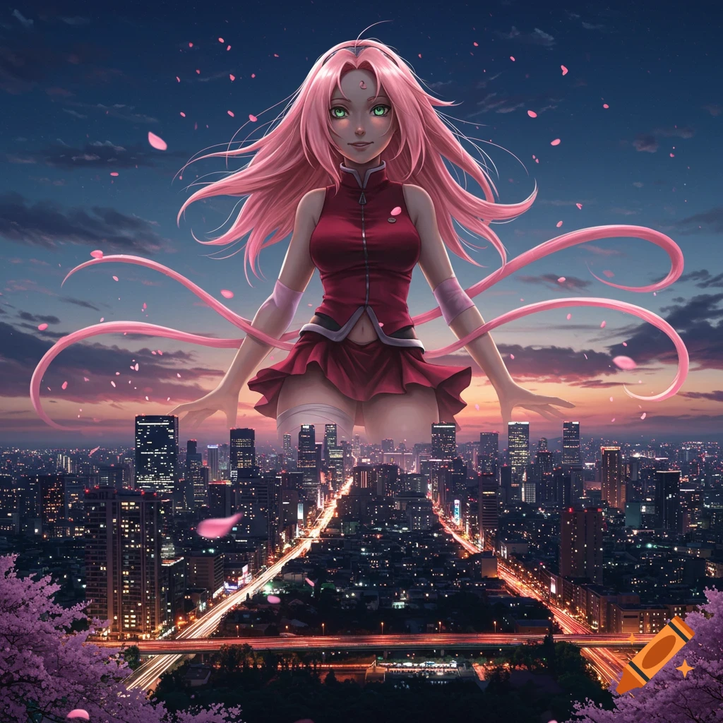 Giant anime character Sakura Haruno with pink hair looms over a sprawling city at dusk, with cherry blossoms falling.
