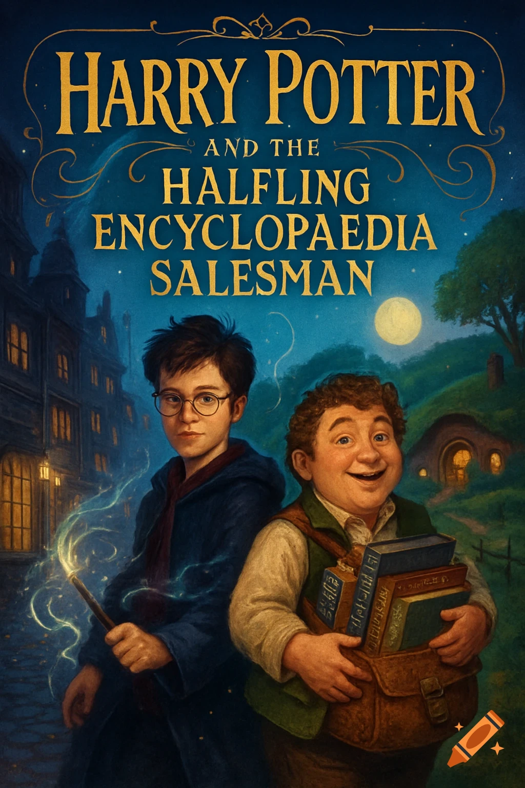 A fantasy illustration of Harry Potter with a glowing wand next to a smiling halfling carrying books in a satchel, against a cityscape and hills at night.