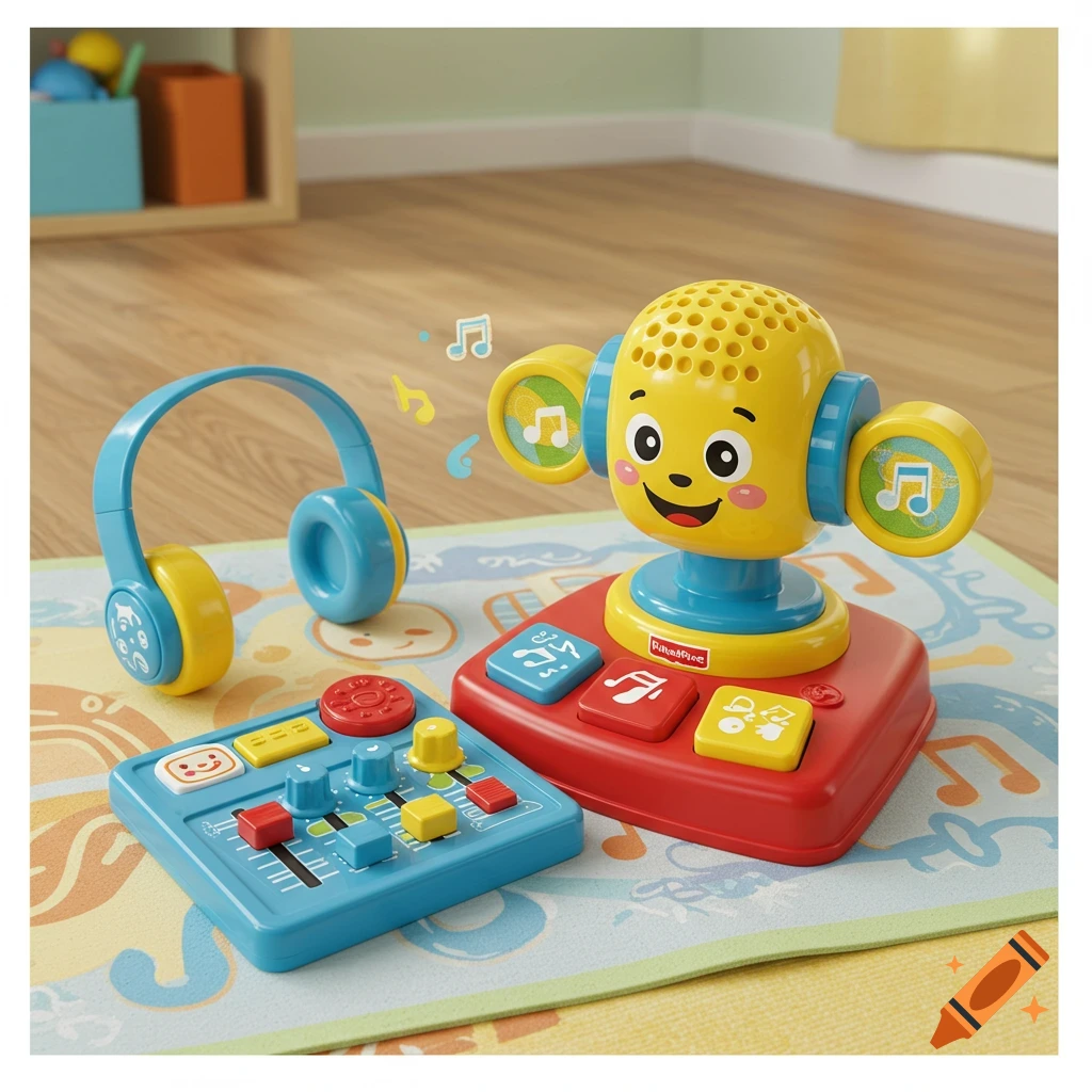 Colorful Fisher-Price toy set including a yellow microphone character, blue headphones, and a DJ mixer on a patterned mat.