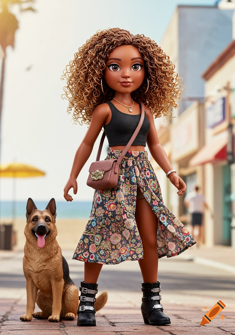 An action figure of a girl with curly hair, wearing a floral skirt and black top, standing next to a German Shepherd on a sunny street near a beach.