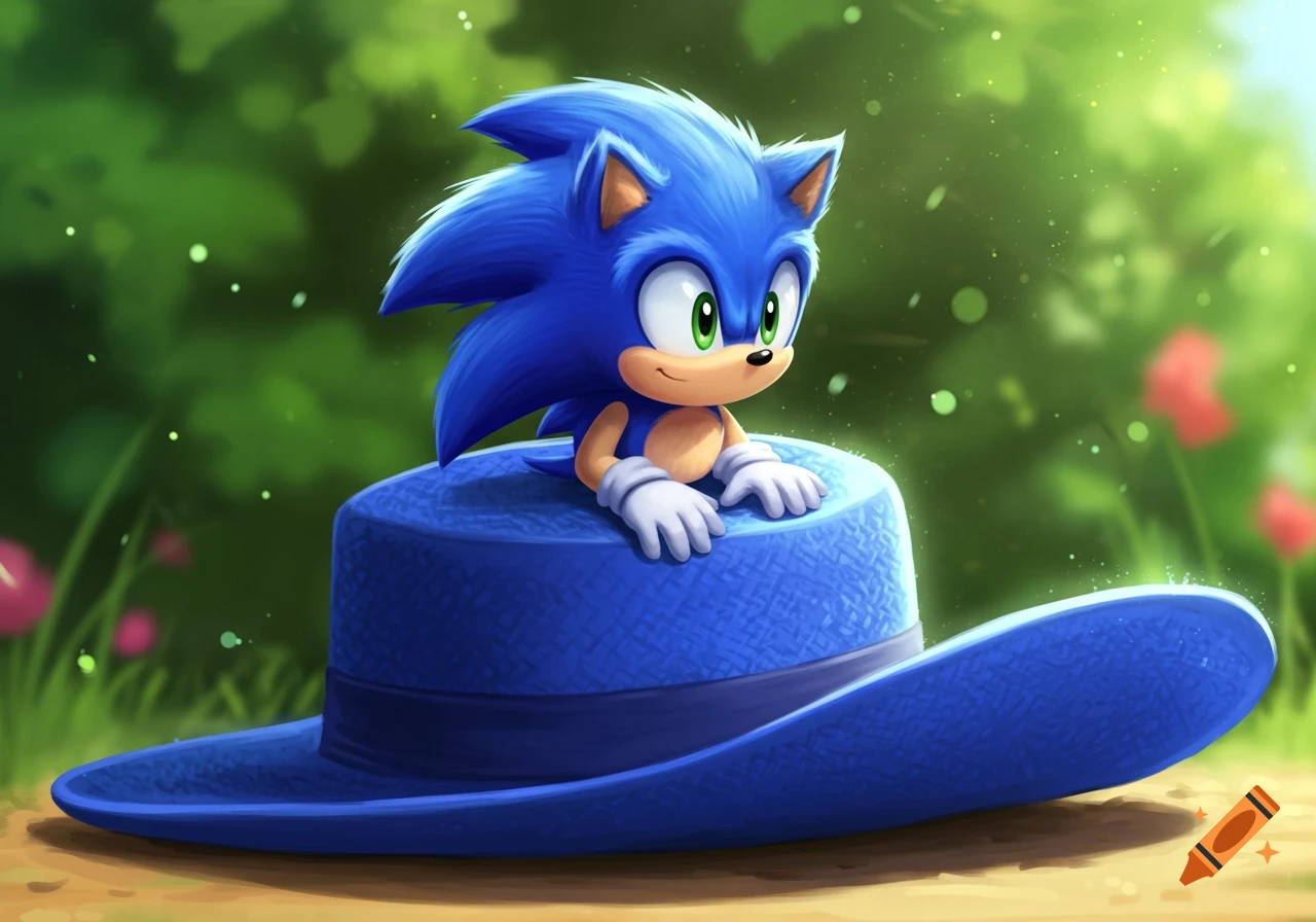 A cute blue Sonic the Hedgehog sitting in a blue fedora hat in a lush green outdoor setting with soft light.