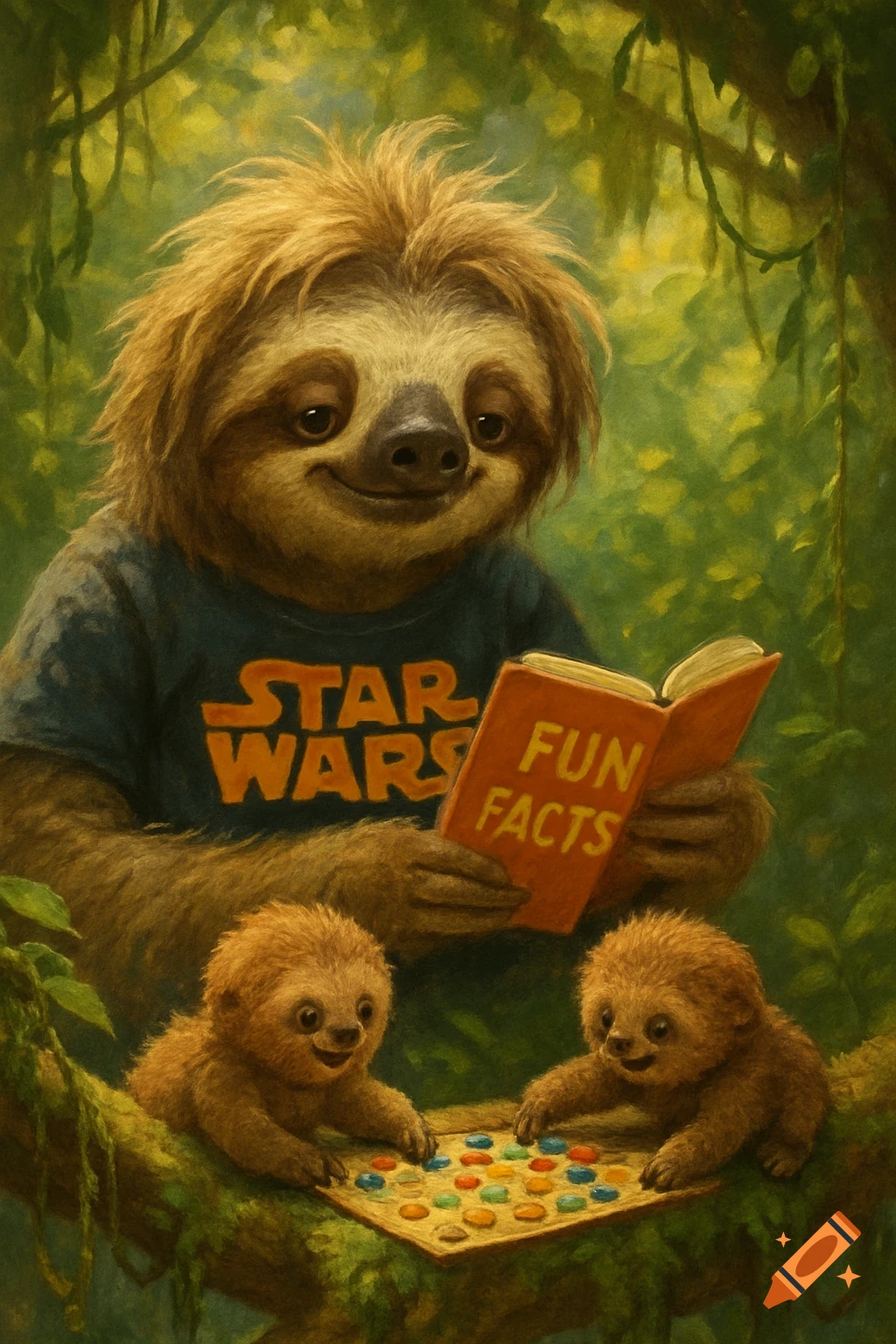A cartoon sloth in a Star Wars shirt reads a "Fun Facts" book in a jungle, while two baby sloths play a board game. Illustration.