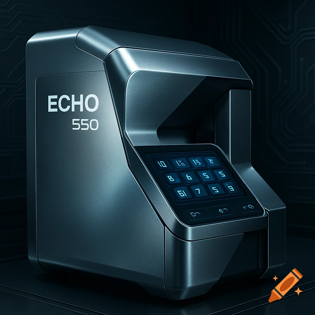 A sleek, dark metallic, futuristic machine with 'ECHO 550' on its side and a glowing blue numeric keypad.