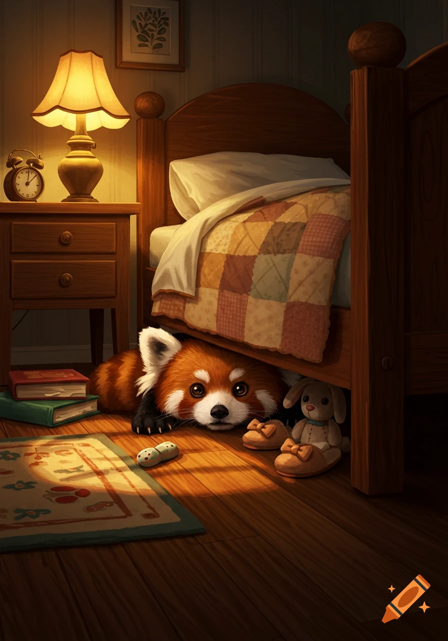 A cute red panda peeks out from under a wooden bed in a cozy, dimly lit bedroom, with a lamp and books nearby. Illustration.
