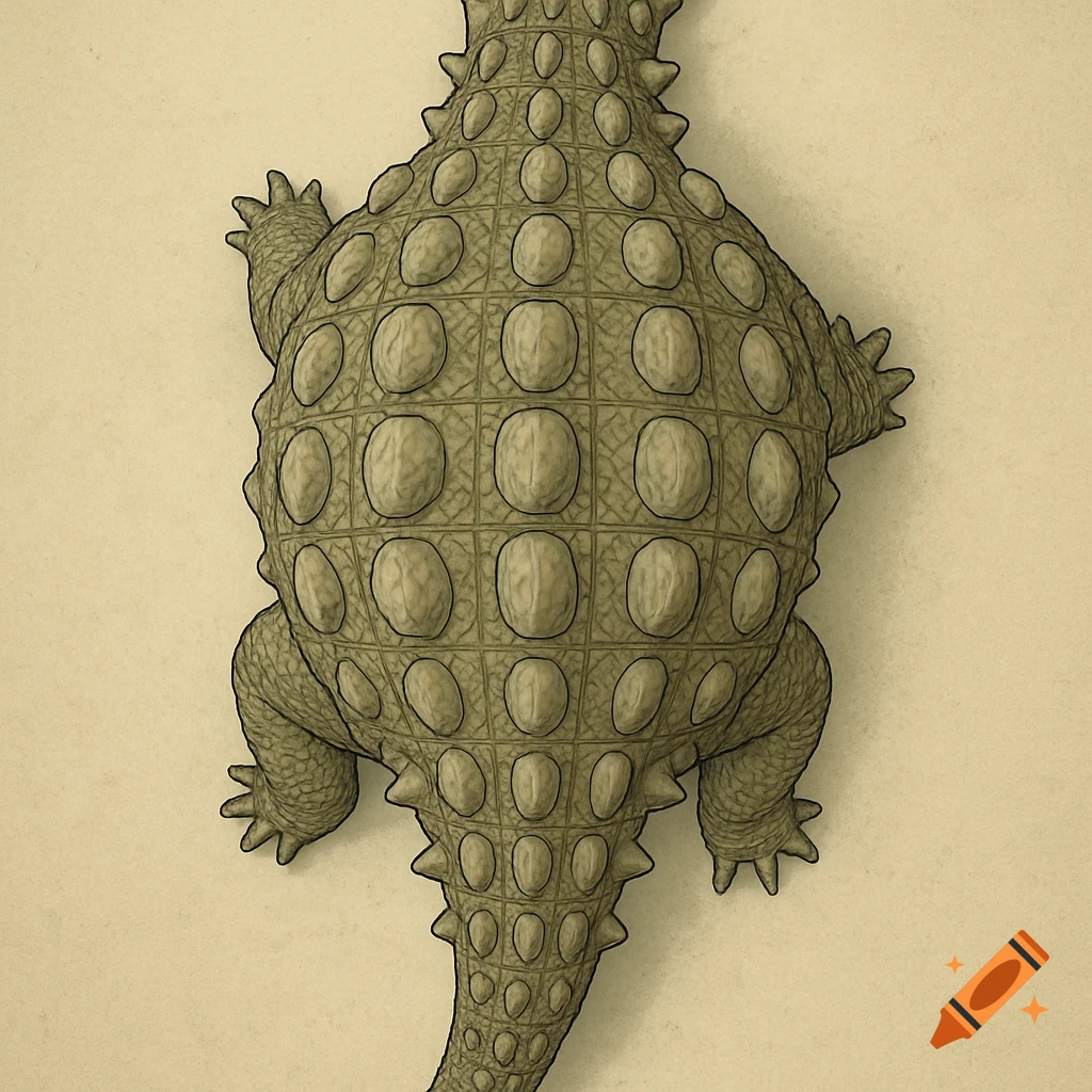 Top-down illustration of an Ankylosaurus with textured scales on a light, textured background.