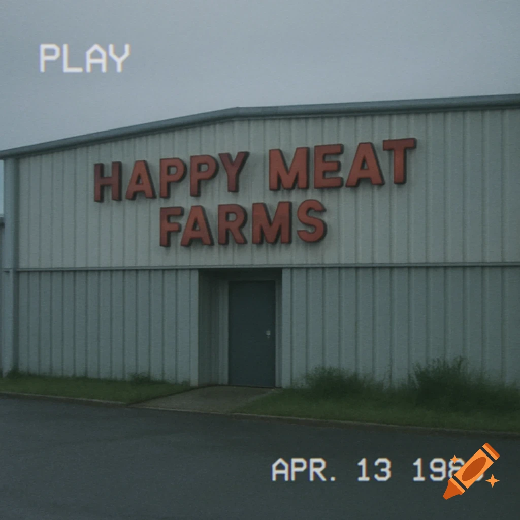 A VHS-style image of a drab building with a sign that reads "HAPPY MEAT FARMS" and a "PLAY" overlay, dated APR. 13 1986.