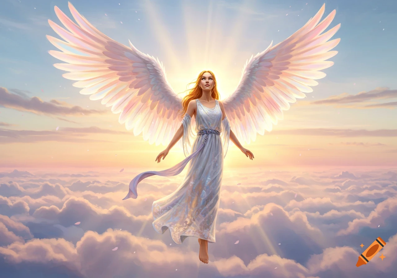 A beautiful angel with large white wings and a flowing white dress floats gracefully amidst sunlit clouds.