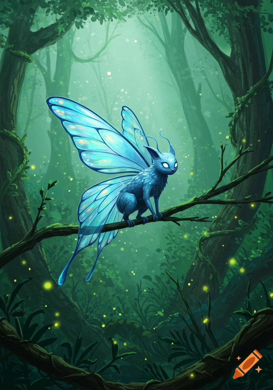 A blue, furry creature with large butterfly wings perches on a branch in a magical, glowing forest.