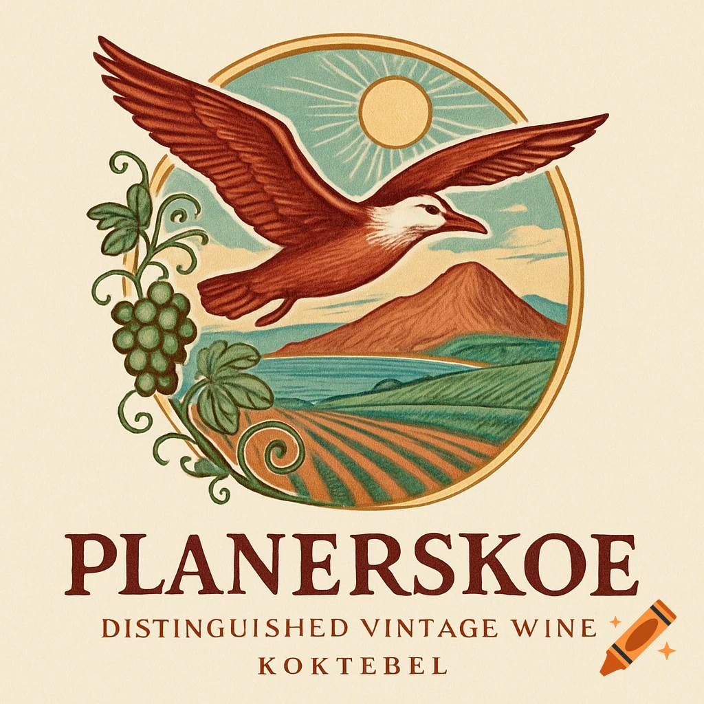 Vintage-style logo for PLANERSKOE wine, featuring a red bird, grapes, and a landscape with mountains, lake, and vineyards.