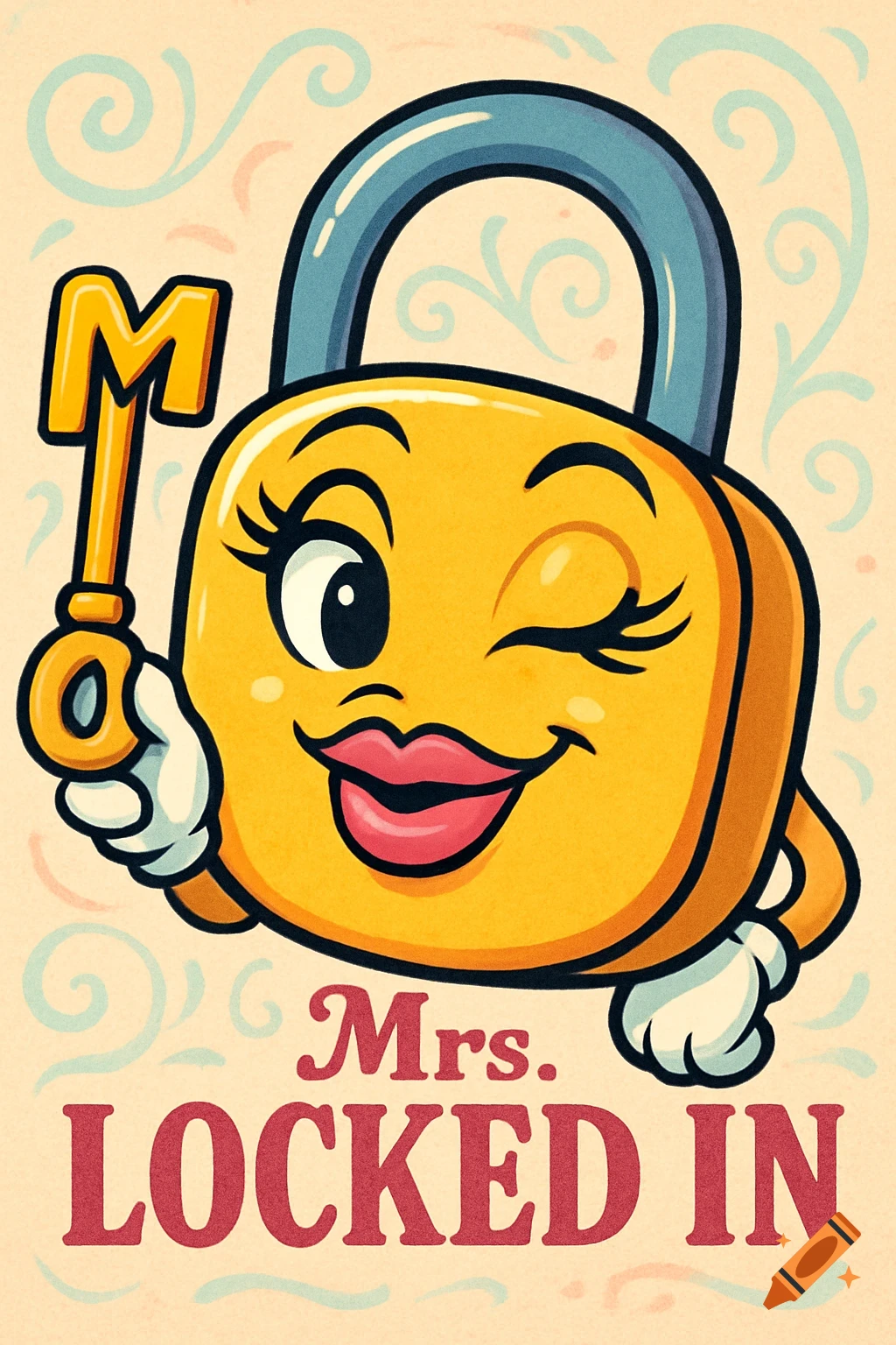 A winking, feminine cartoon padlock holds an 'M' key, above the text 'Mrs. LOCKED IN', in a vintage illustration style.