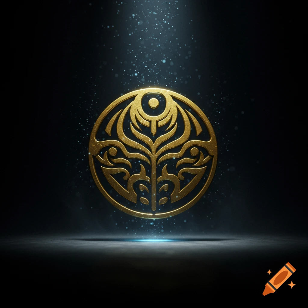A radiant golden, ornate circular symbol with abstract, organic patterns, illuminated by spotlights on a dark, reflective surface.