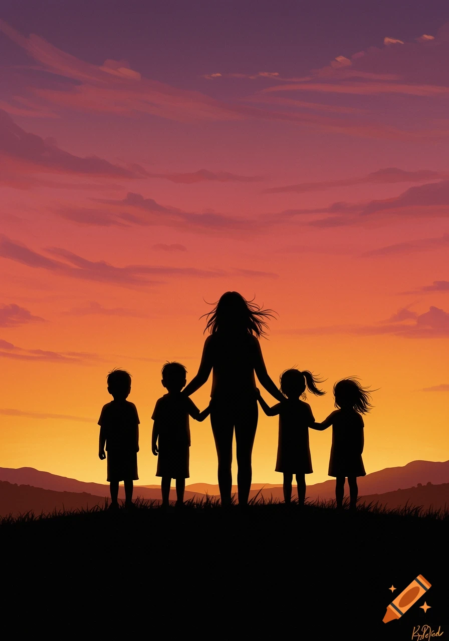 Silhouette of a mother holding hands with two boys and two girls, standing on a hill against a vibrant orange and purple sunset sky.