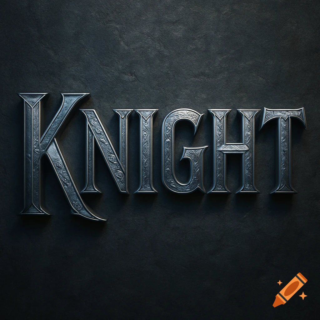 The word 'KNIGHT' rendered in a metallic, ornate 3D style, against a dark, textured stone background.