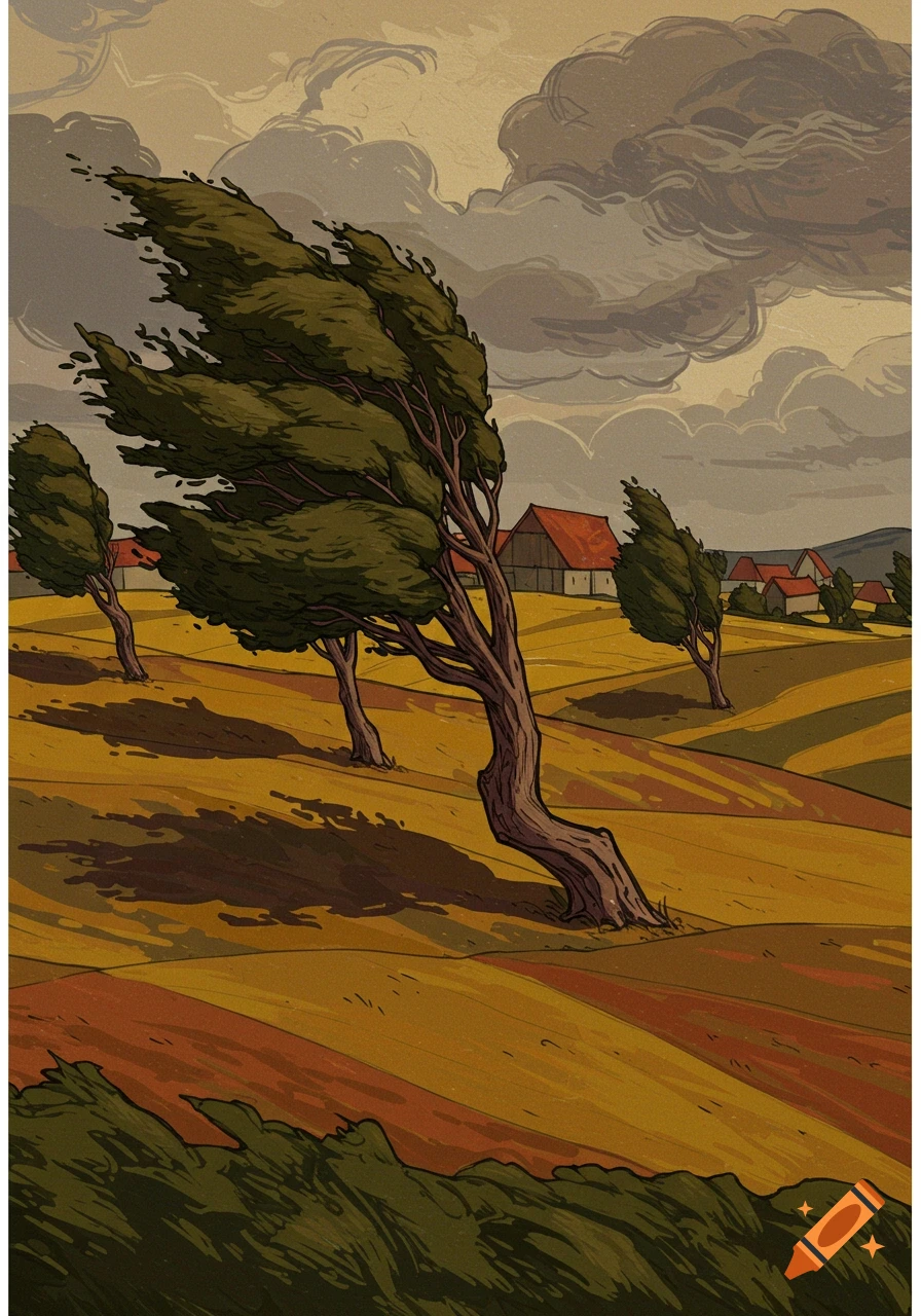 An Egon Schiele-style illustration of trees bent by strong wind in a rural field under a cloudy sky, with distant houses.