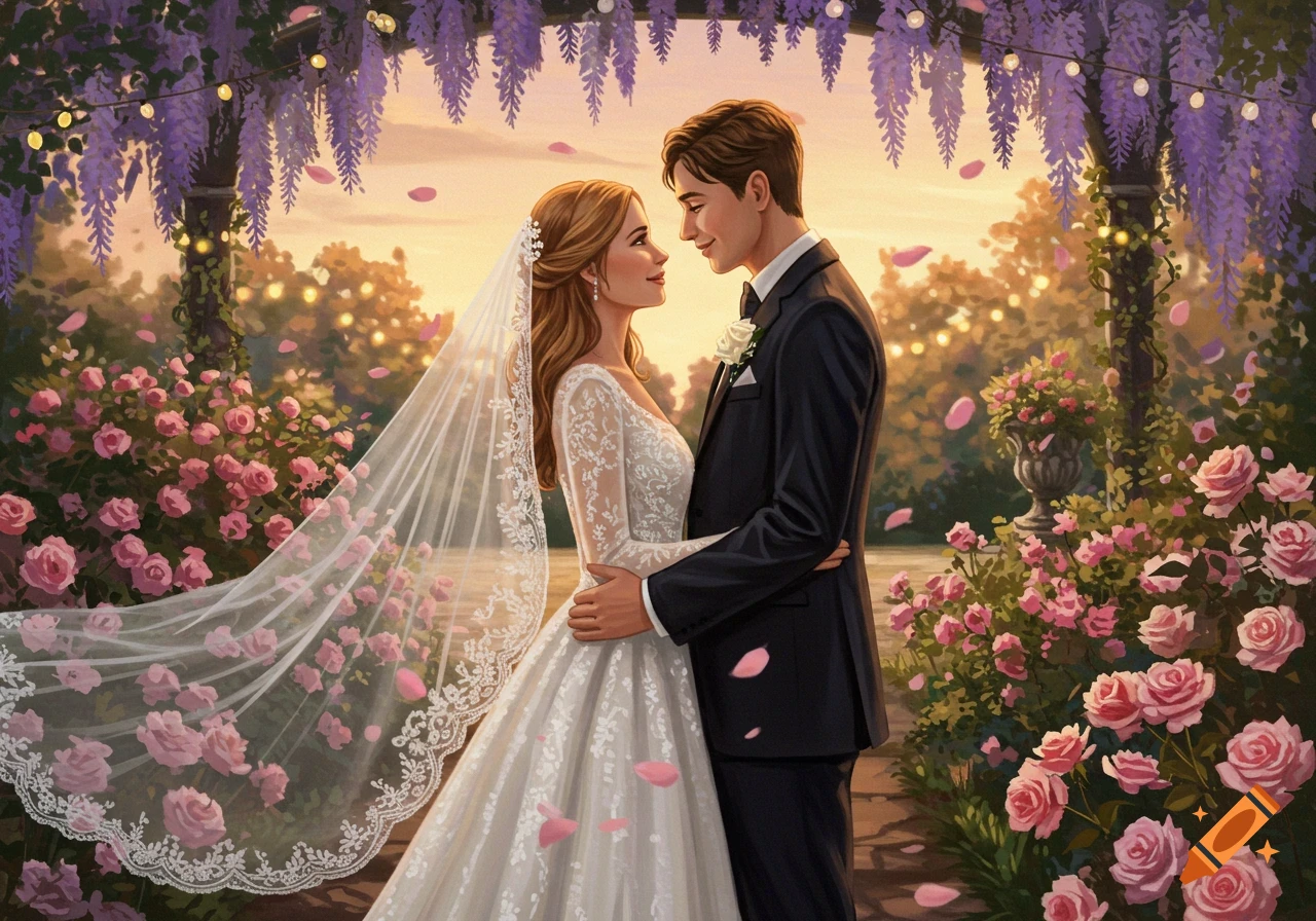 An illustrated wedding couple embracing in a garden with wisteria, string lights, and pink roses at sunset.