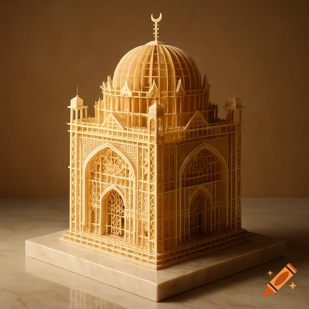 Intricate light-colored sliceform model of an ornate mosque-like building on a marble base.