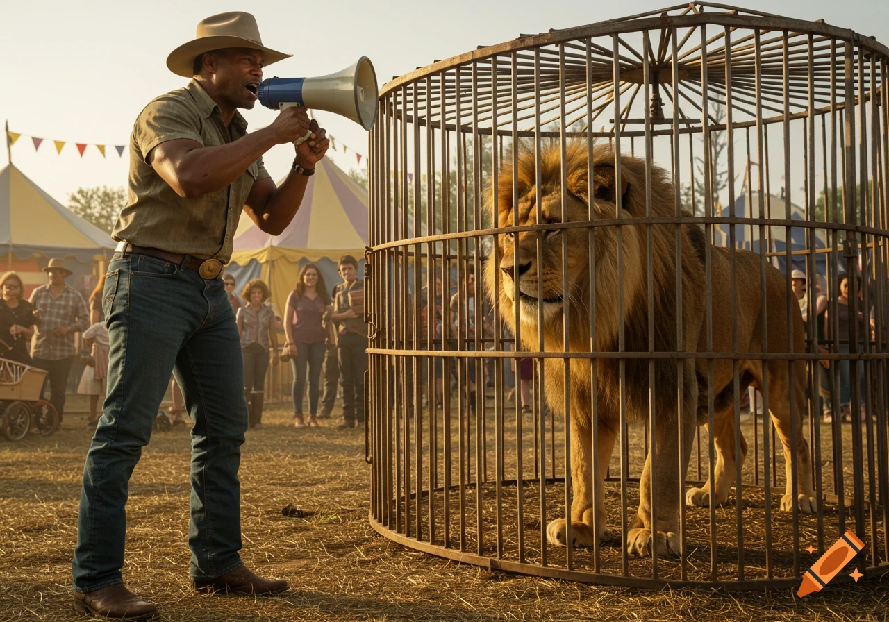 A man in a cowboy hat yells into a megaphone beside a caged lion at a bustling outdoor fair, with a crowd watching.