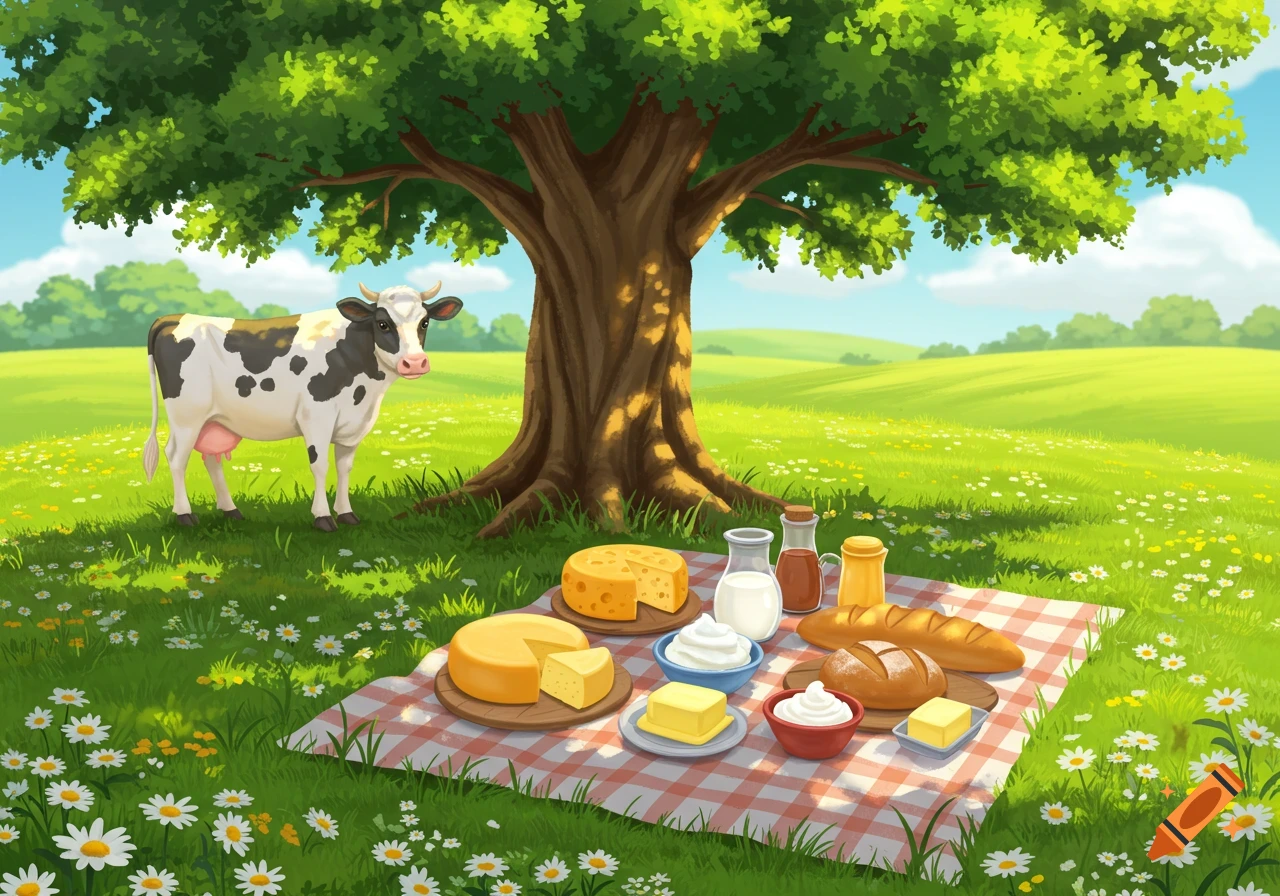 Cartoon illustration of a black and white cow near a picnic with cheese, milk, butter, and bread under a tree in a sunny meadow.