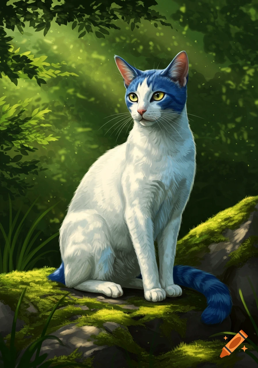 White cat with blue markings on its head and tail sits on mossy rocks in a lush, sun-dappled forest.