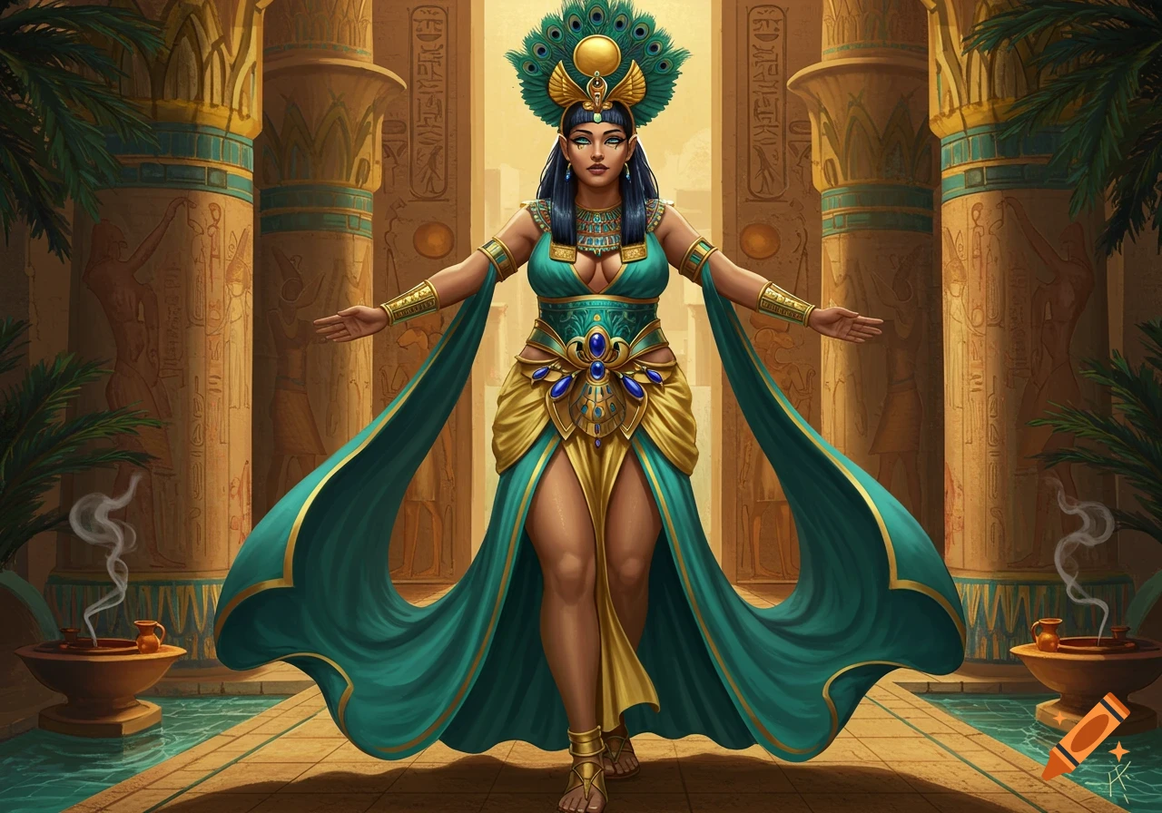 A beautiful Egyptian goddess in a teal and gold gown with a peacock feather headpiece stands in a grand temple.