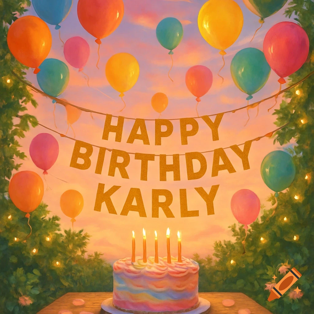 A vibrant birthday scene with a cake, balloons, festive lights, and a 'Happy Birthday Karly' banner against a sunset sky.