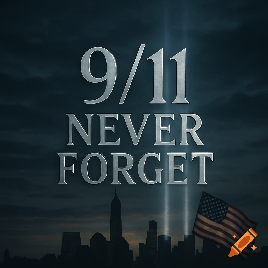 Dark graphic with '9/11 NEVER FORGET' text above a city skyline, two vertical light beams, and an American flag.