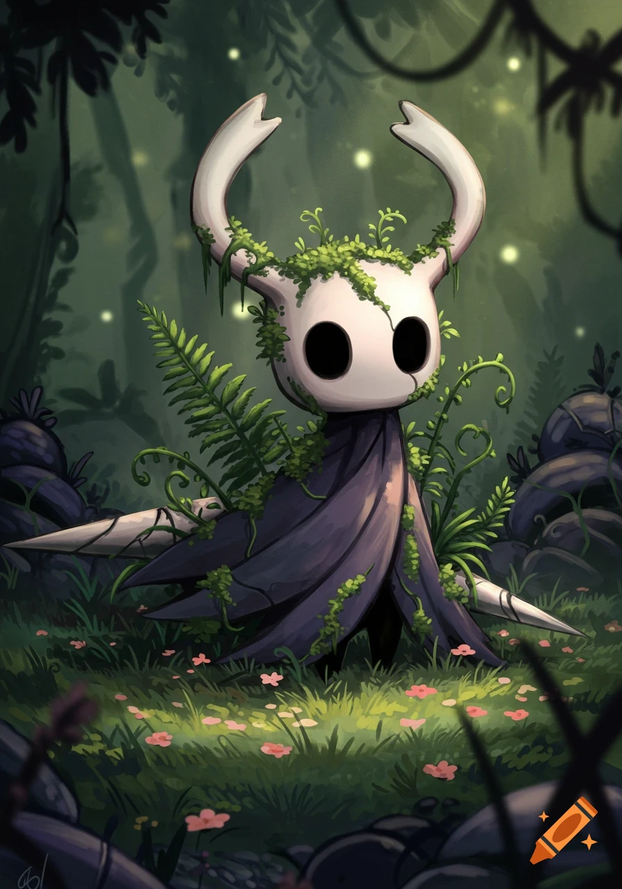 A stylized illustration of the Hollow Knight character, overgrown with green plants and moss, standing in a dark, glowing forest.