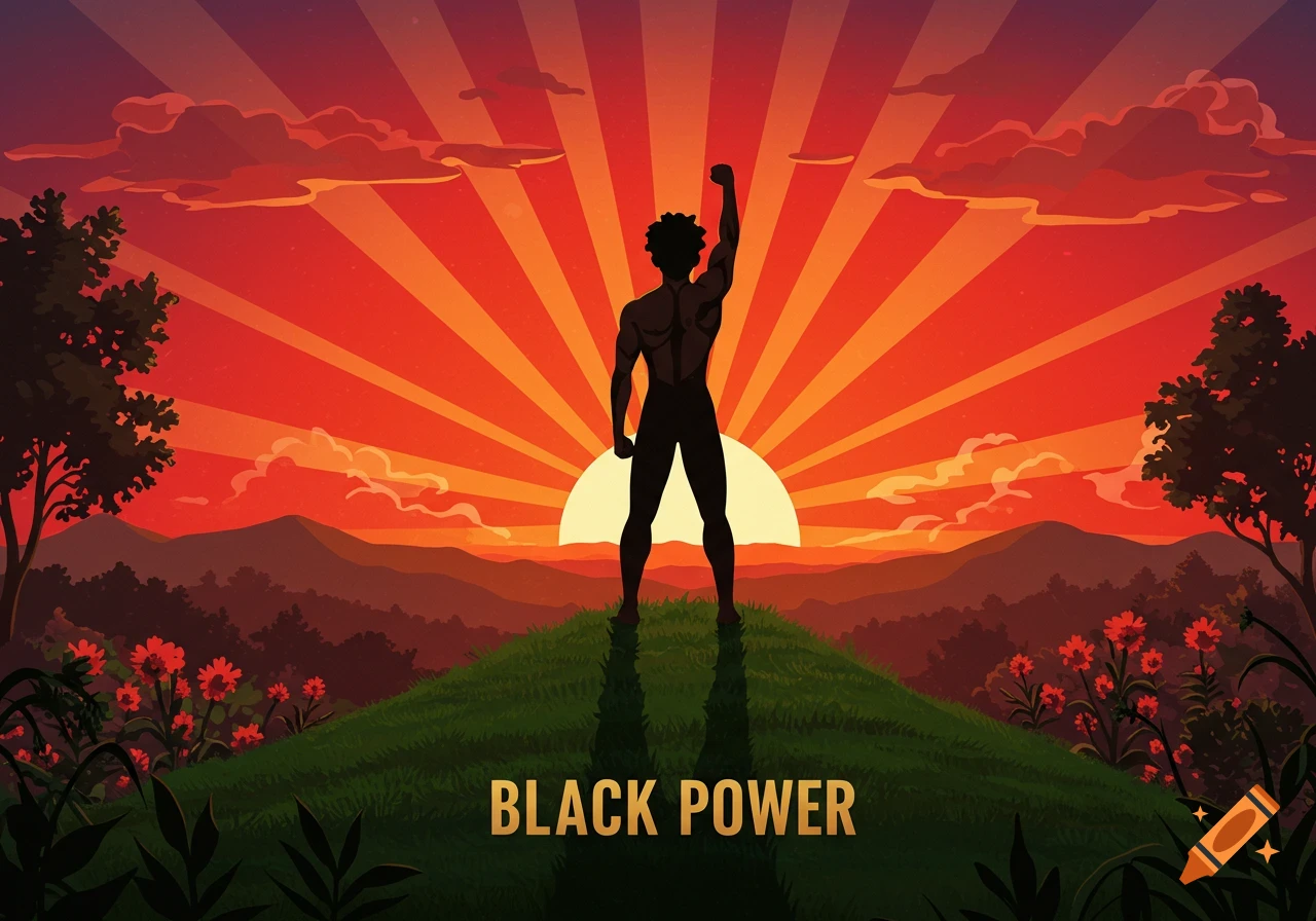 Illustration of a person's silhouette with a raised fist on a hill during sunset, with 'BLACK POWER' text.