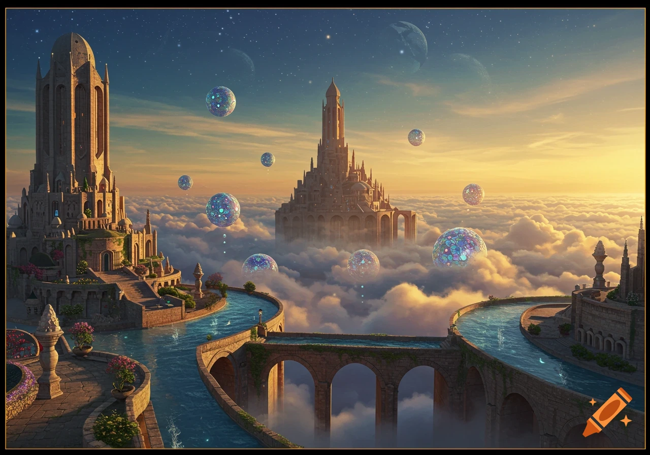 Fantasy cityscape on clouds with towering castles, flowing canals, glowing orbs, and planets in a starlit sunset sky.