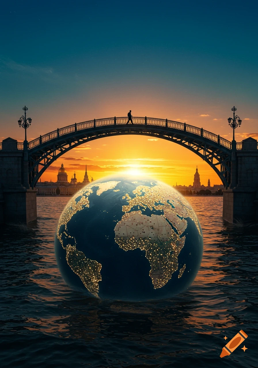 A person crosses an arched bridge at sunset, with a glowing Earth globe in the water below and a city skyline in the background.