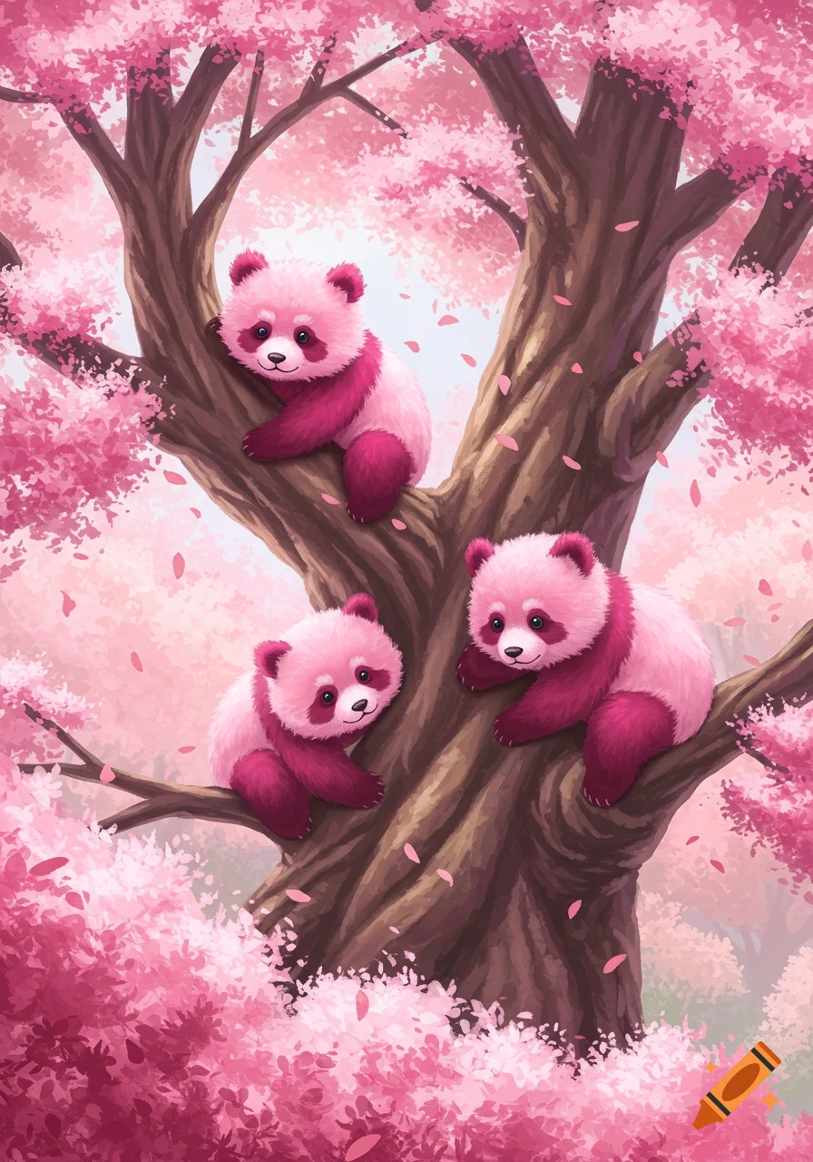 Three cute pink fluffy pandas sit in a cherry blossom tree with falling pink petals in a whimsical illustration.