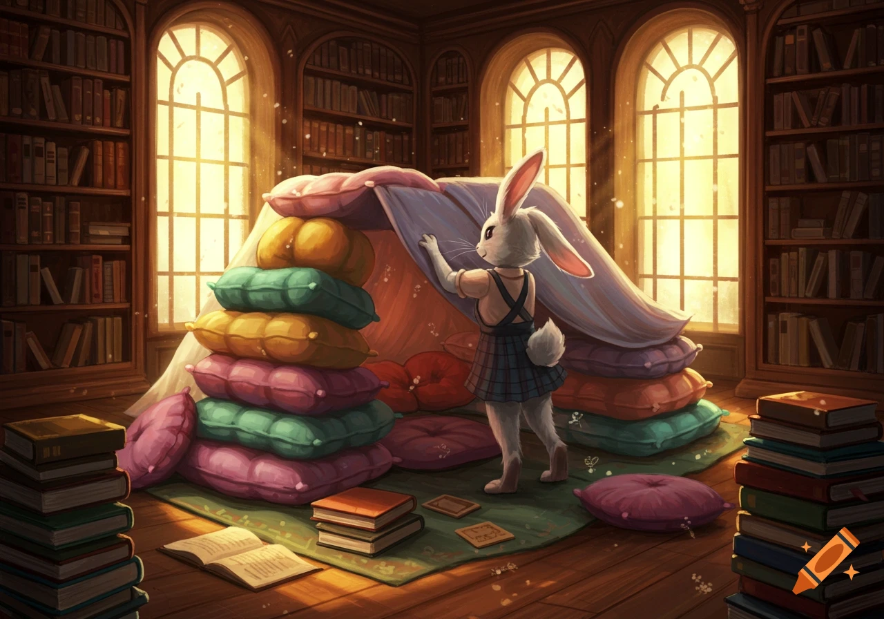 An anthropomorphic bunny girl builds a fort from colorful cushions in a cozy, sunlit library.