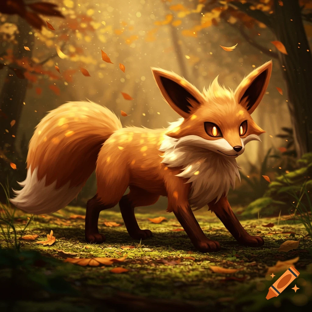 A stylized brown fox Pok assembly emon with glowing eyes stands in a magical autumn forest with falling golden leaves.