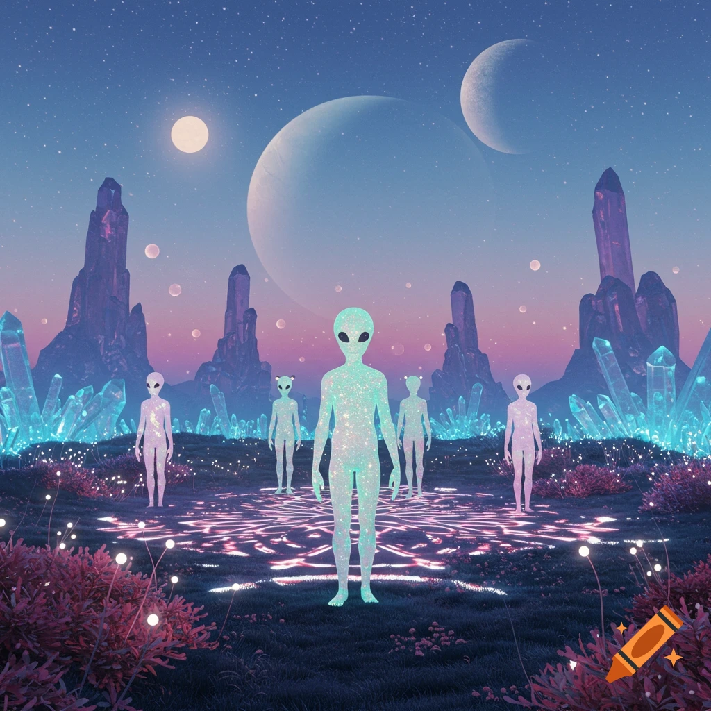 Five glittery aliens stand on a glowing alien planet with crystals and planets in the starry sky.