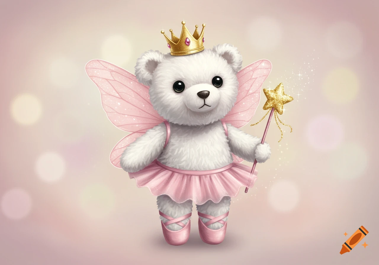 A cute white fuzzy bear illustration wearing a gold crown, pink fairy wings, a pink tutu, pink ballet slippers, and holding a sparkly gold star wand.