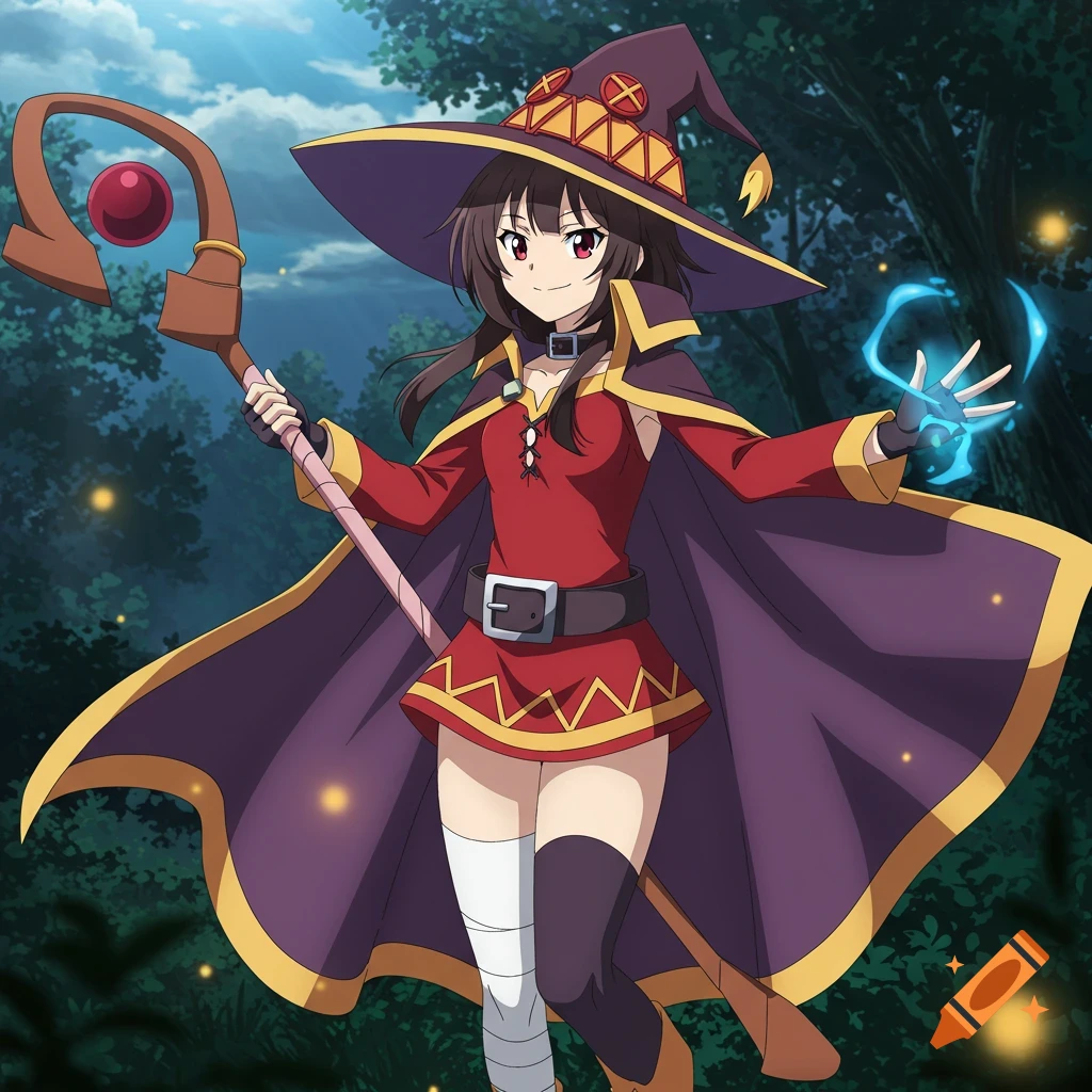 An anime witch character in a red dress and large hat holding a staff and casting a blue spell in a dark forest.