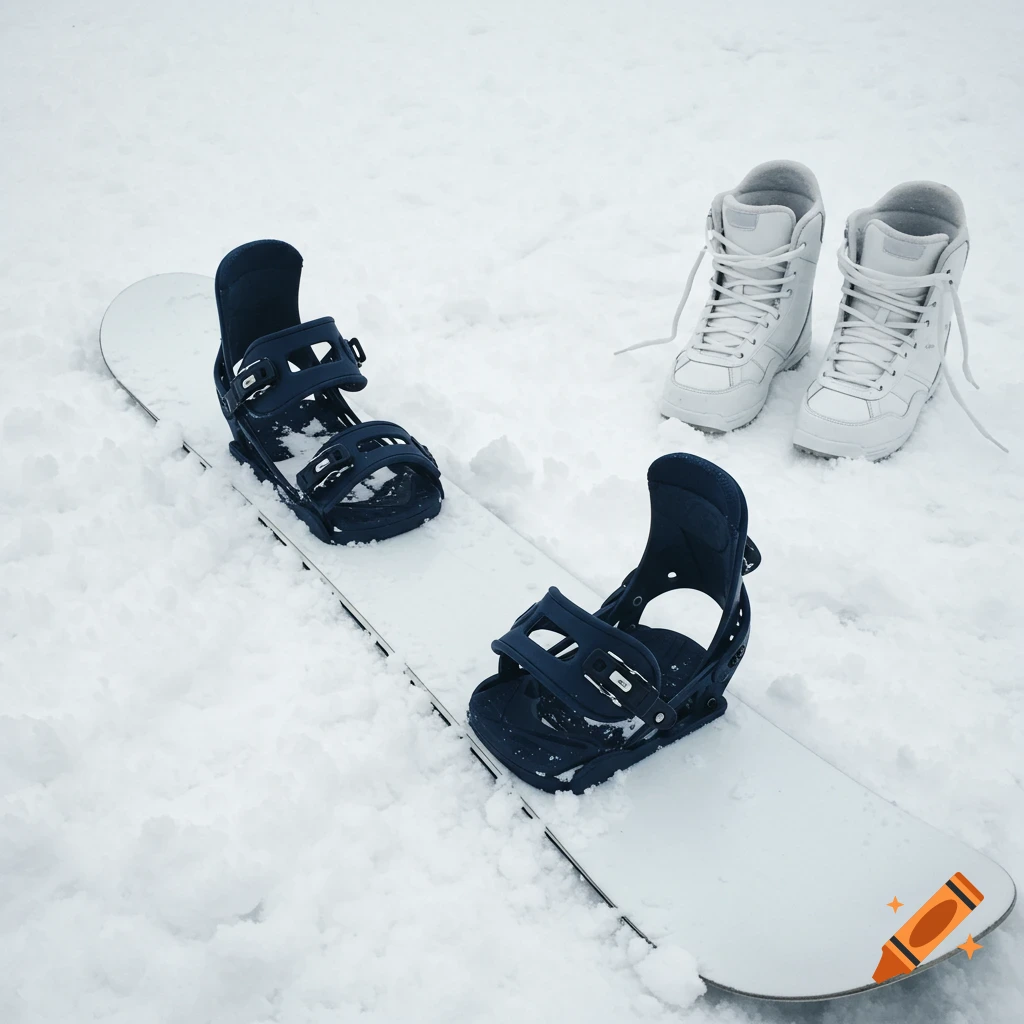 A white snowboard with dark blue bindings rests in the fresh snow next to a pair of white snowboard boots.