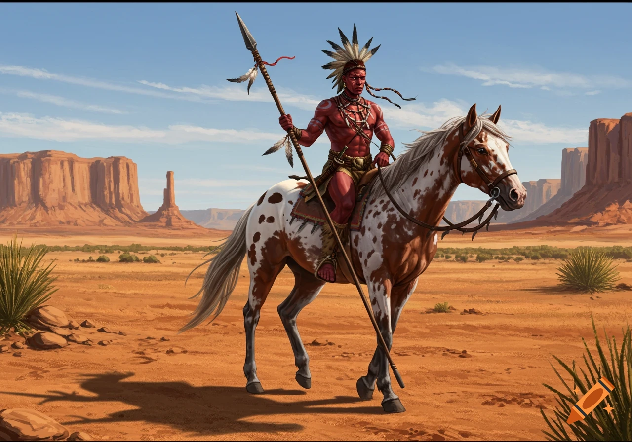 A maroon tribal warrior rides an Appaloosa horse, holding a spear, through a desert landscape with mesas under a blue sky.