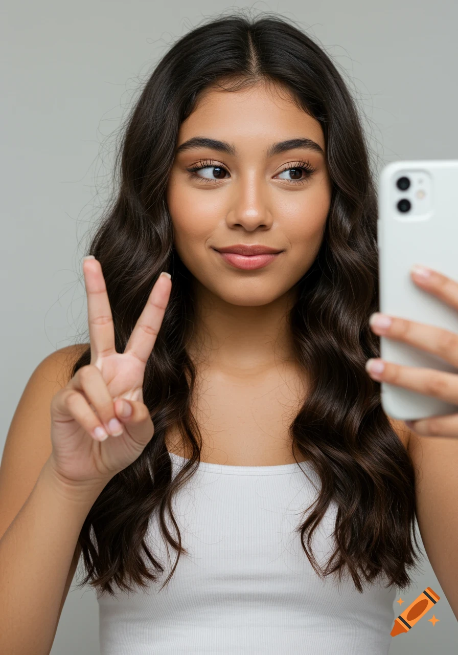 A smiling beautiful teenage Hispanic woman with long wavy hair takes a selfie, making a peace sign with her left hand against a light background.