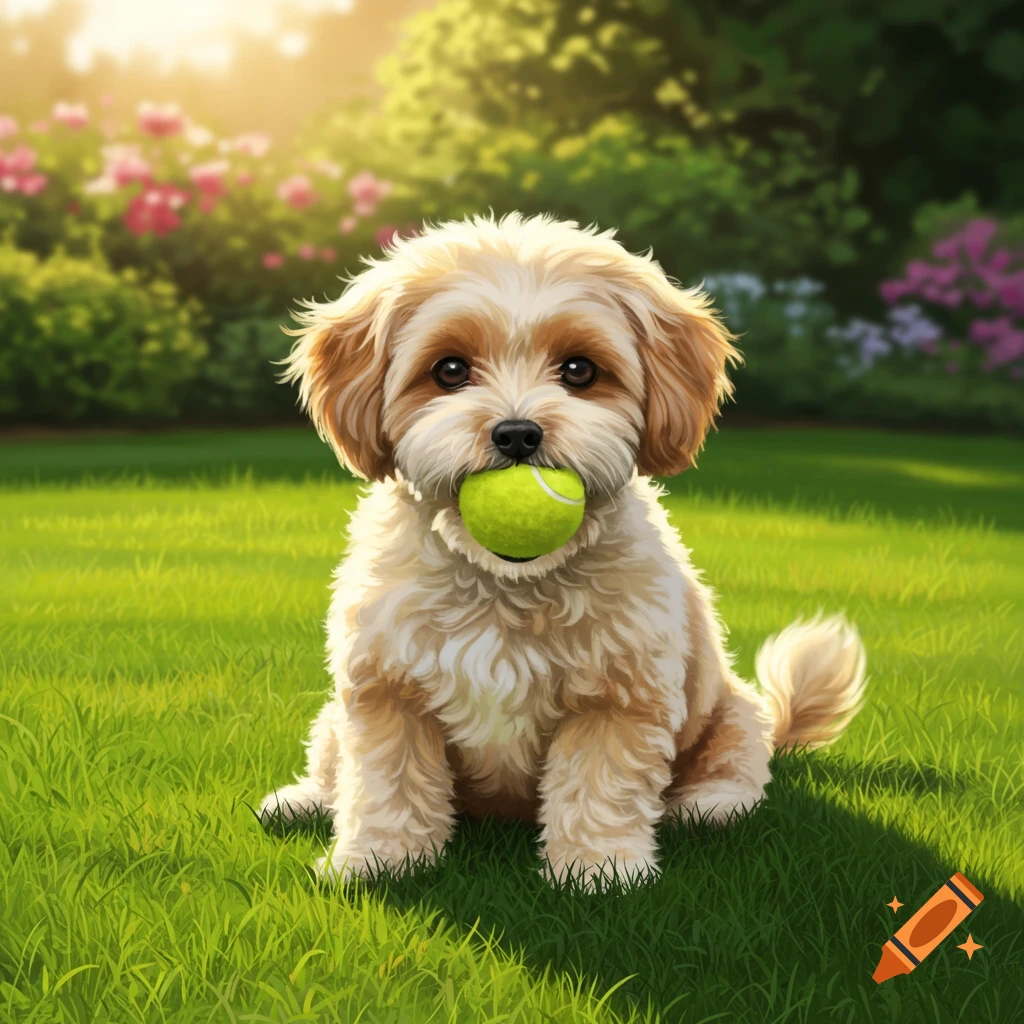 A hyperrealistic Shih Tzu Poodle mix puppy sits on green grass in a sunny garden, holding a tennis ball in its mouth.