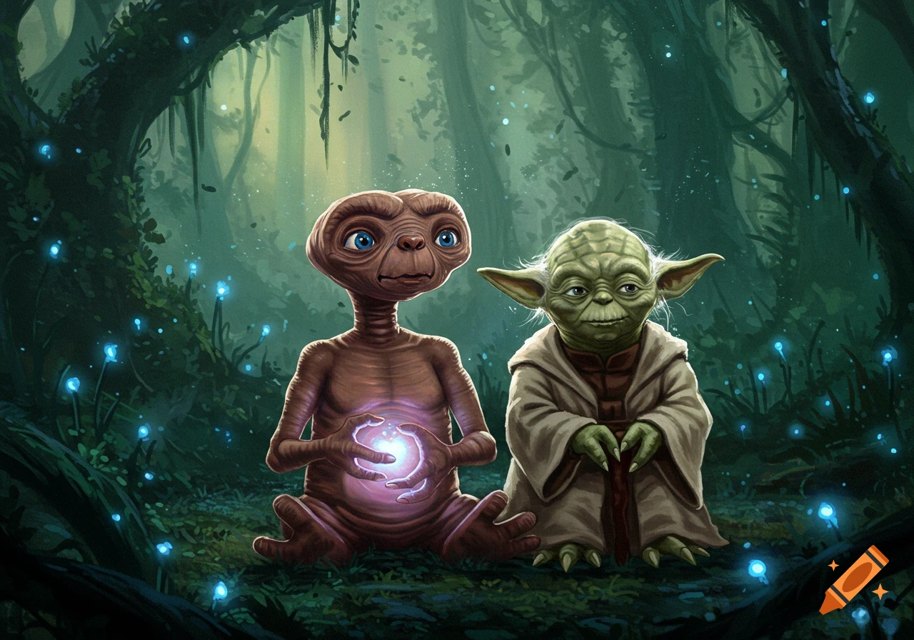 E.T. and Yoda sit in a mystical, glowing forest. E.T. holds a purple orb, while Yoda rests his hands.