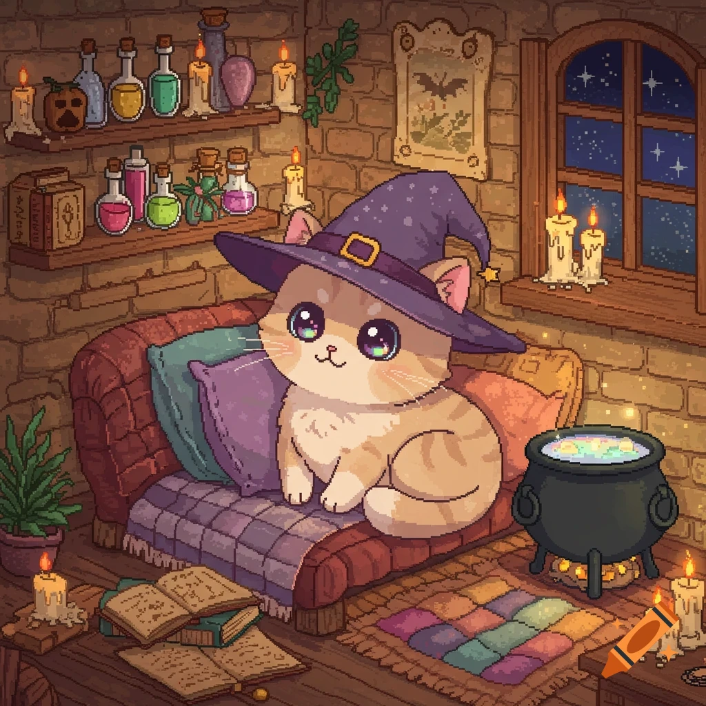 A cute pixel art cat wearing a witch hat sits on a sofa in a cozy room filled with potions, books, and candles, with a cauldron nearby.