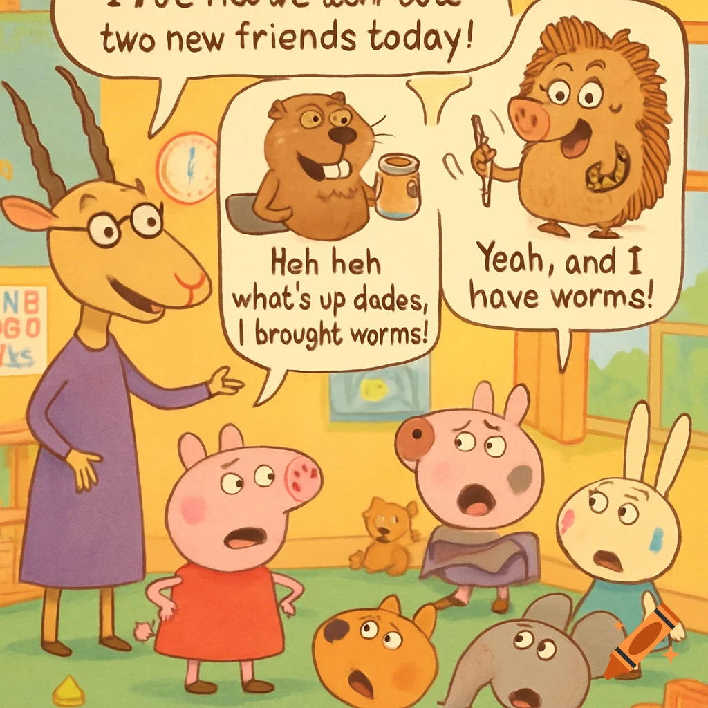 A cartoon illustration of an antelope teacher introducing a beaver and hedgehog to animal students in a classroom. The new friends claim to have worms, shocking the other students like Peppa Pig.